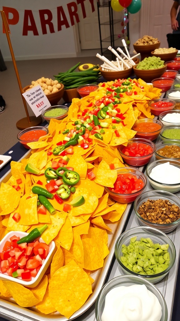A colorful nachos bar with tortilla chips, melted cheese, and assorted toppings like tomatoes, jalapeños, and dips.